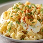 Delicious Deviled Egg Pasta Salad served in a bowl