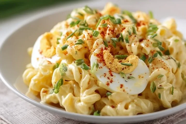 Delicious Deviled Egg Pasta Salad served in a bowl