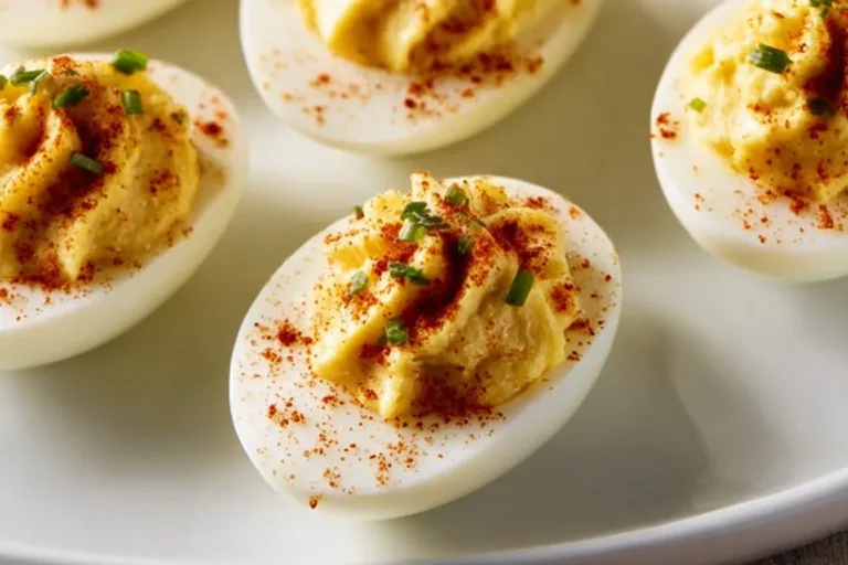Delicious deviled eggs garnished with paprika and herbs on a platter