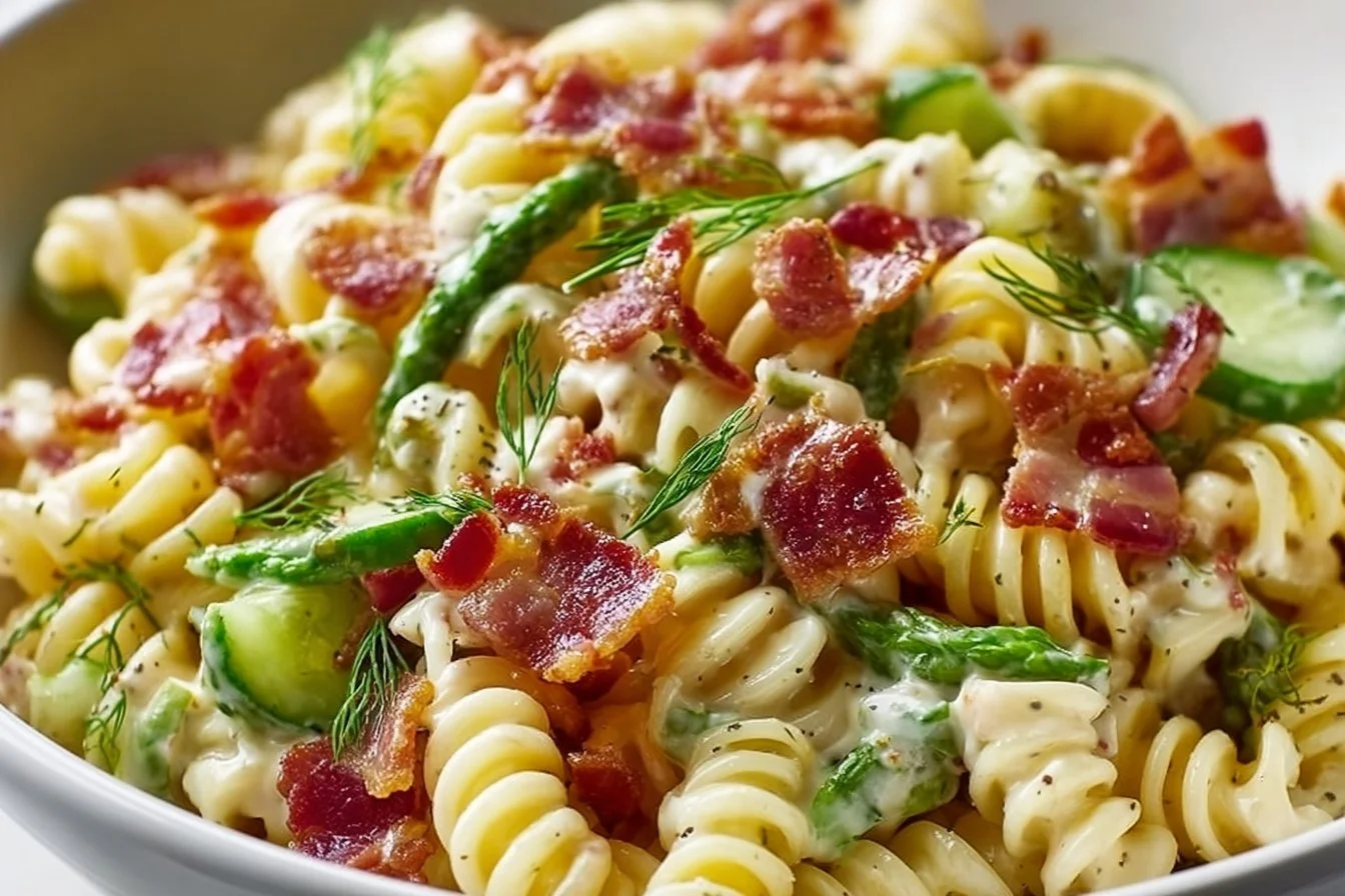 Delicious Dill Pickle Bacon Pasta Salad in a colorful serving bowl