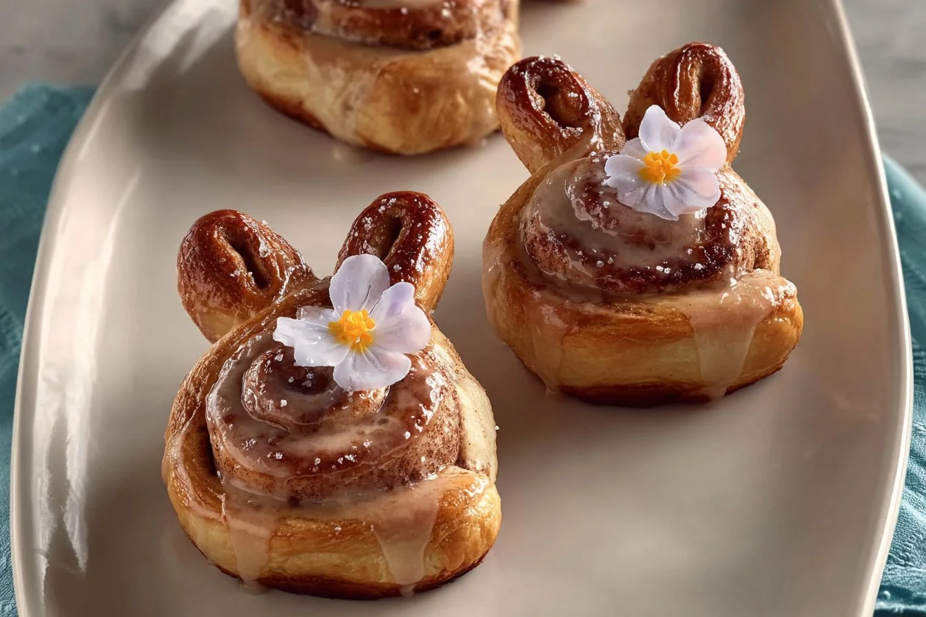 Easter Bunny cinnamon rolls decorated with icing and colorful sprinkles.