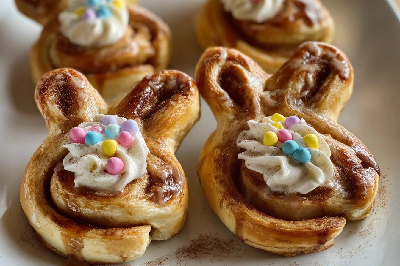 Easter Bunny Cinnamon Rolls with icing and colorful sprinkles