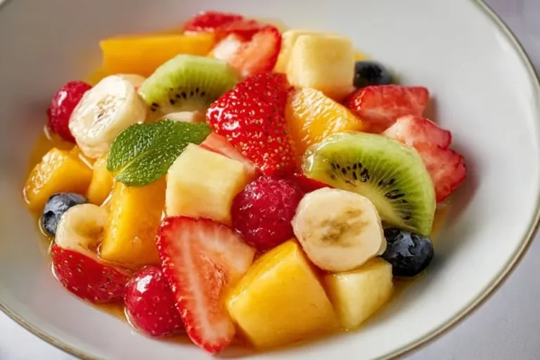 Easter fruit salad with peach pie filling in a colorful bowl.