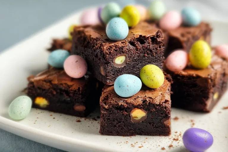 Easter Mini Egg Brownies topped with colorful mini chocolate eggs
