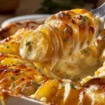 Baked easy cheesy scalloped potatoes in a dish, topped with melted cheese.