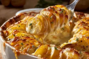 Baked easy cheesy scalloped potatoes in a dish, topped with melted cheese.