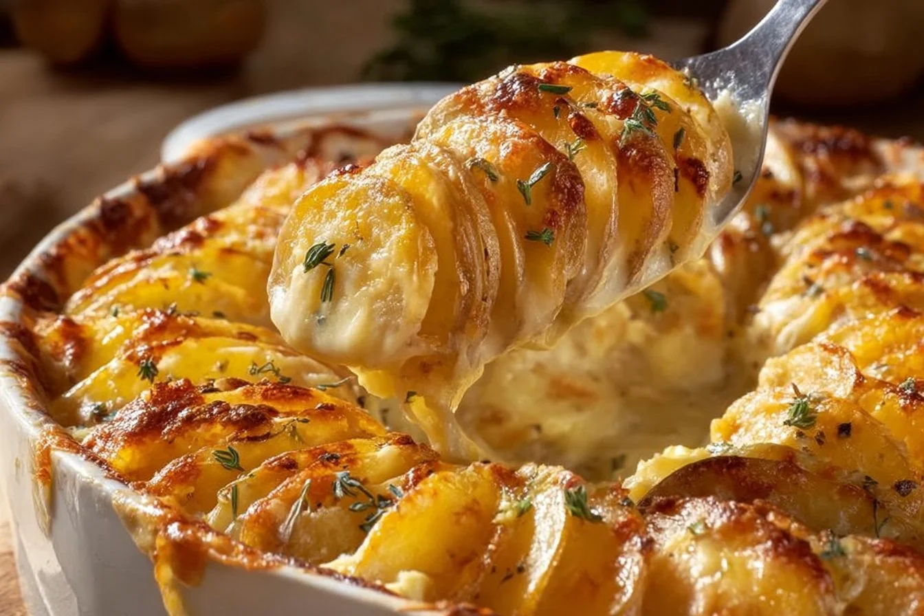 Baked easy cheesy scalloped potatoes in a dish, topped with melted cheese.