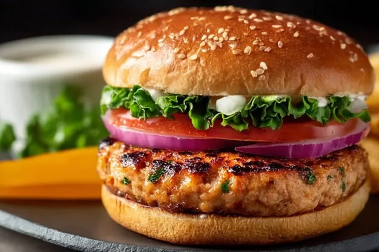 Delicious ground chicken burgers served with fresh toppings and condiments