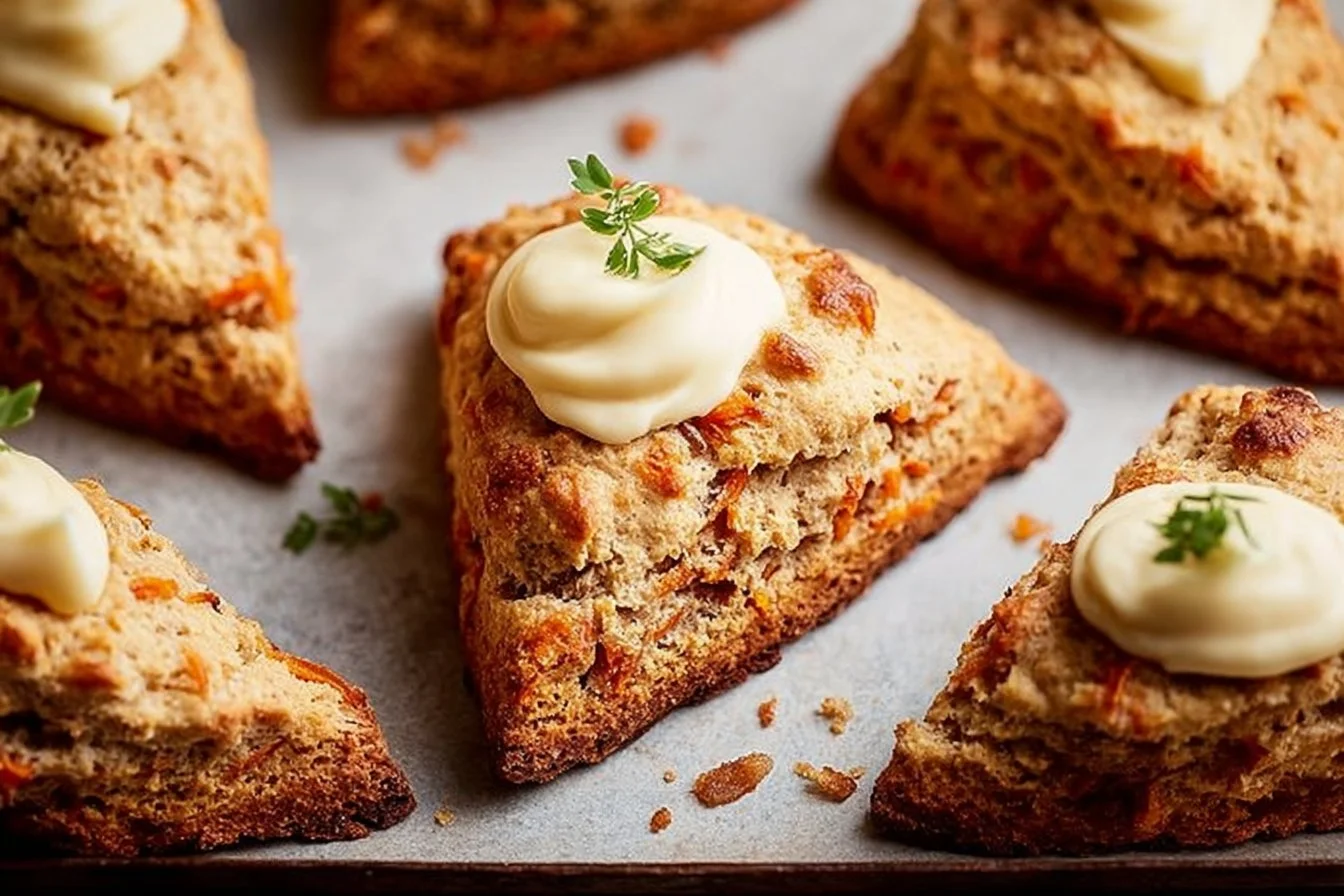 Fluffy Easter carrot cake scones on a decorative plate