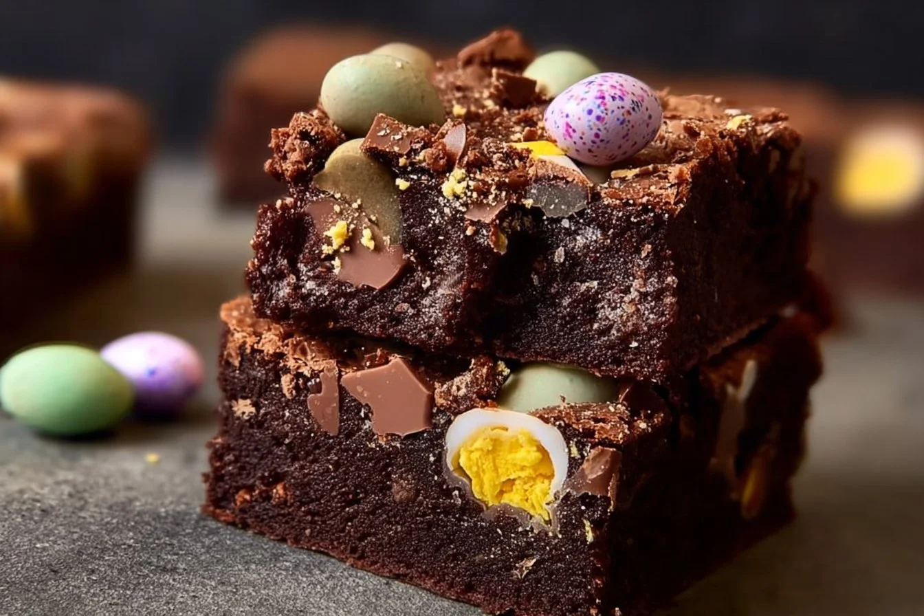 Fudgy mini egg brownies topped with colorful mini eggs