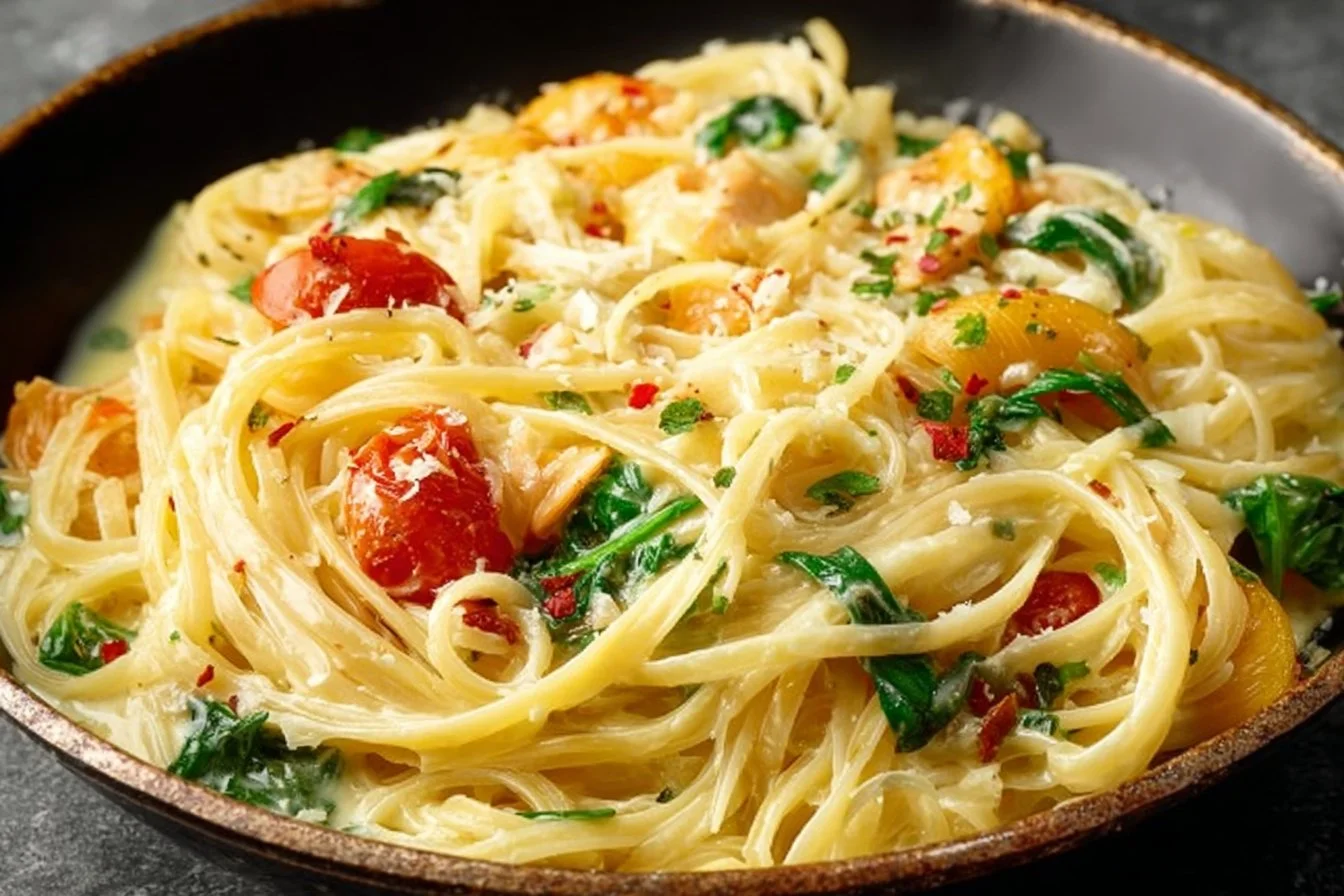 Creamy garlic butter pasta served in a bowl with fresh herbs and grated cheese