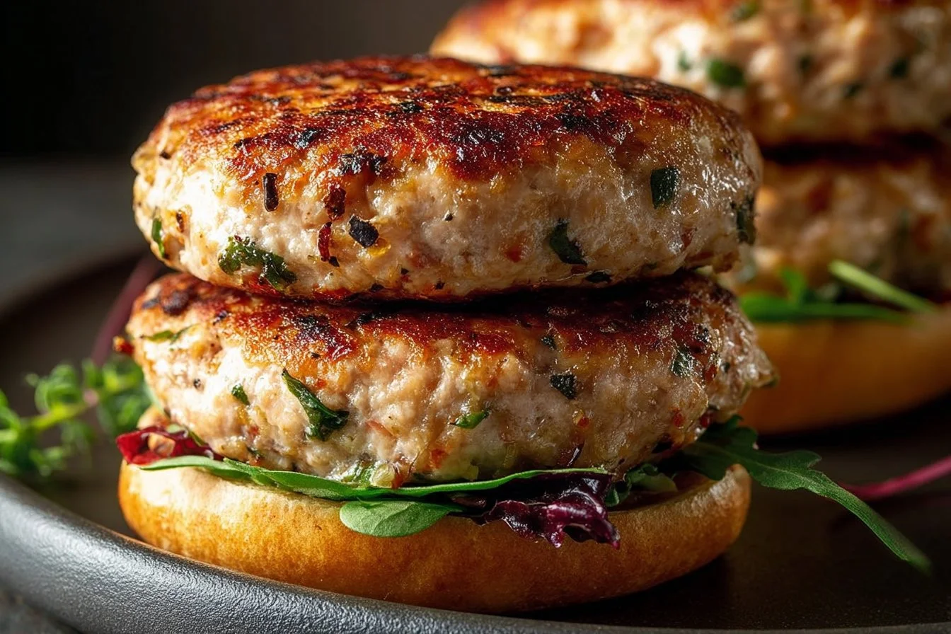Delicious Greek chicken burgers with fresh toppings and herbs