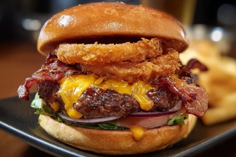 Delicious BBQ Bacon Onion Ring Burger made with savory bacon and crispy onion rings