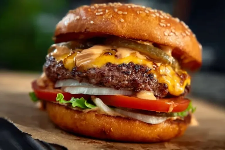 Delicious homemade smash burger on a plate with toppings