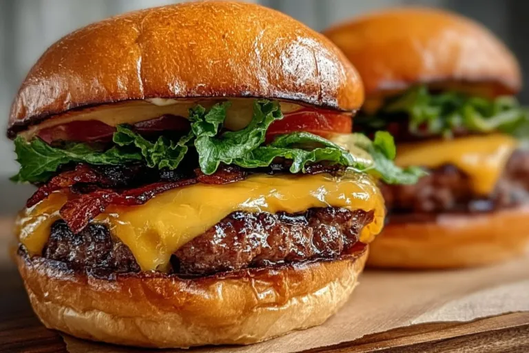 Homemade smash burgers cooked on a griddle with toppings