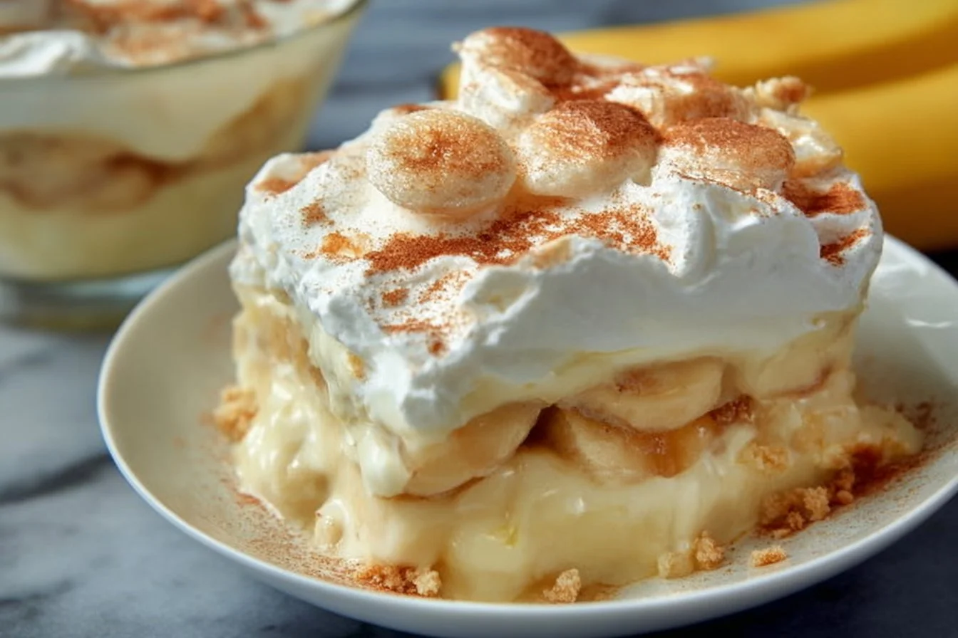 Delicious homemade Southern banana pudding in a glass with whipped cream and bananas