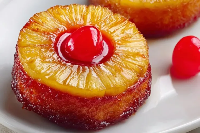 Individual mini pineapple upside down cakes with cherry topping