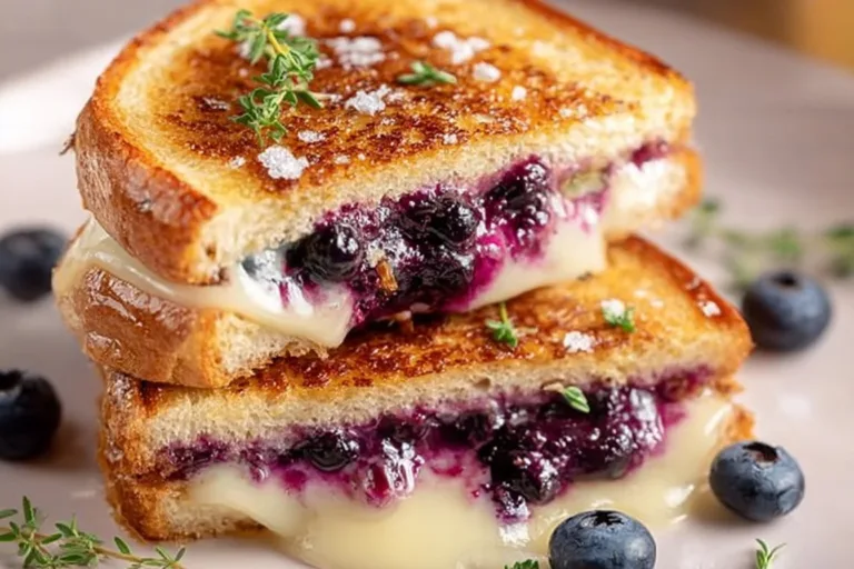 Juicy blueberry grilled cheese sandwich with melted cheese and fresh blueberries