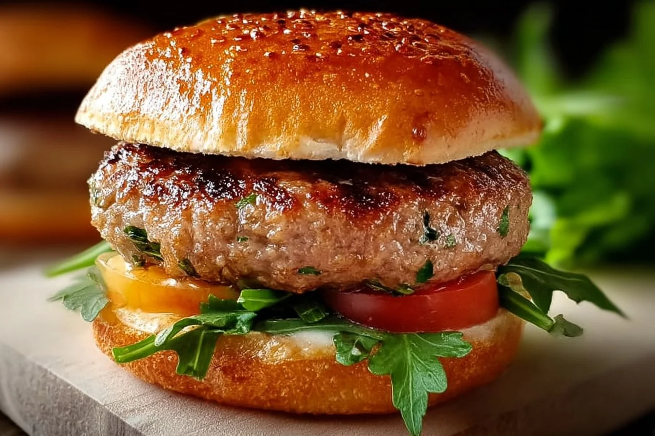 Juicy ground turkey burger on a plate with fresh toppings