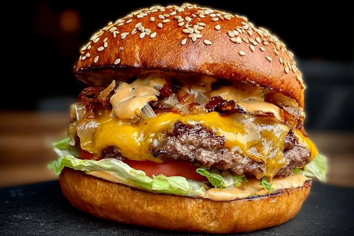 Delicious homemade juicy smash burger on a plate with toppings