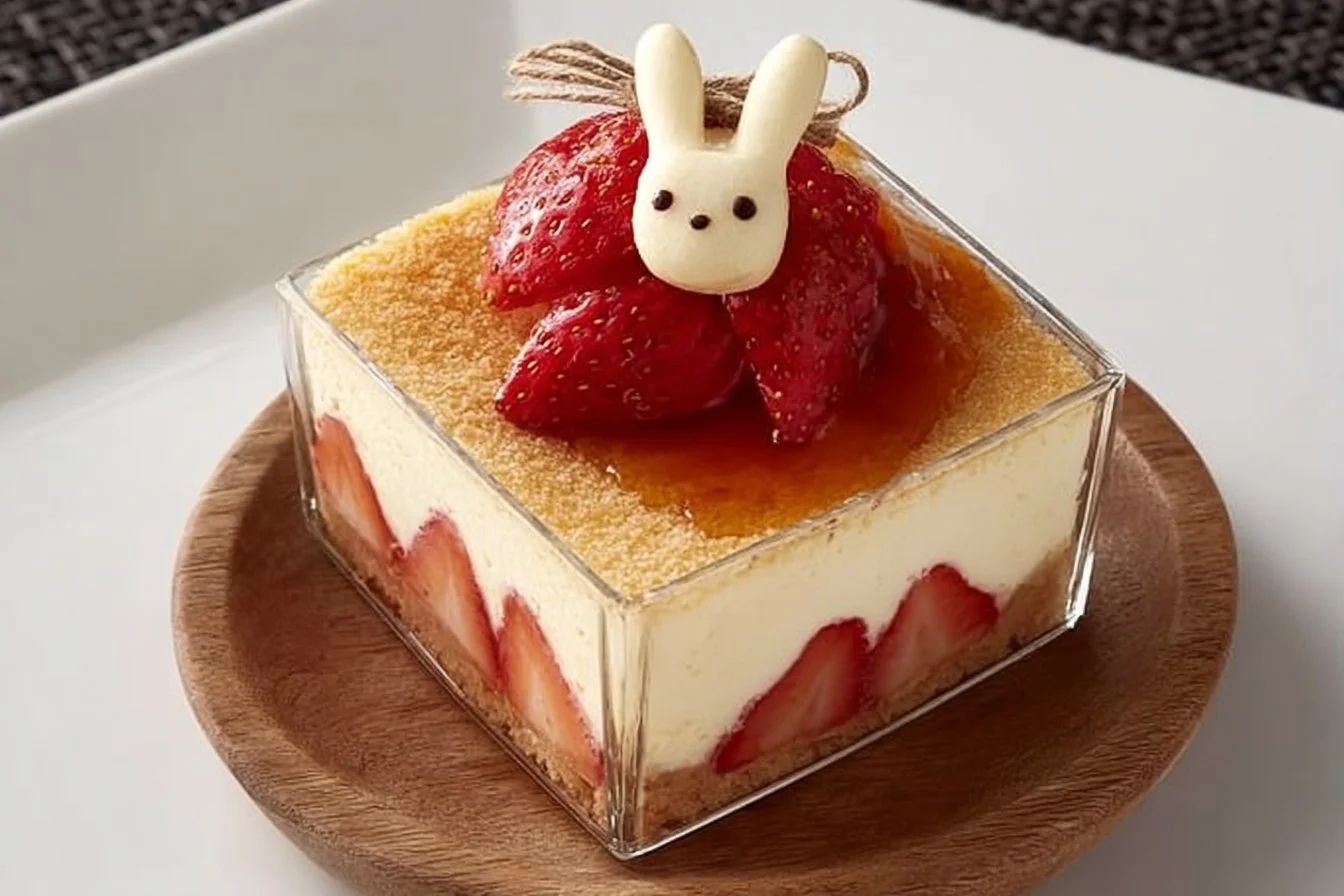 Koriyama cheese cake adorned with fresh strawberries, a delicious dessert option.