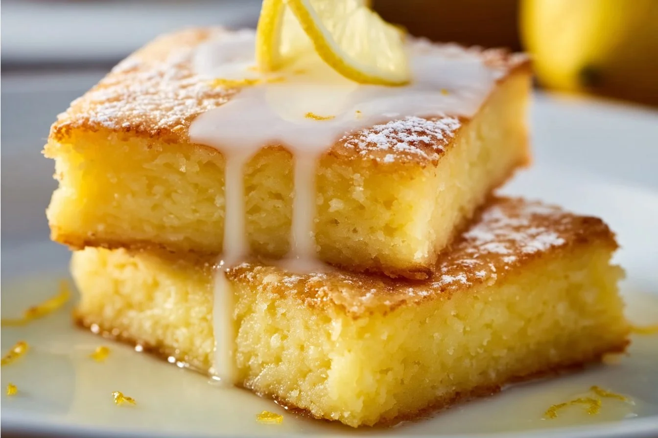 Delicious lemon brownies displayed on a plate with a lemon garnish