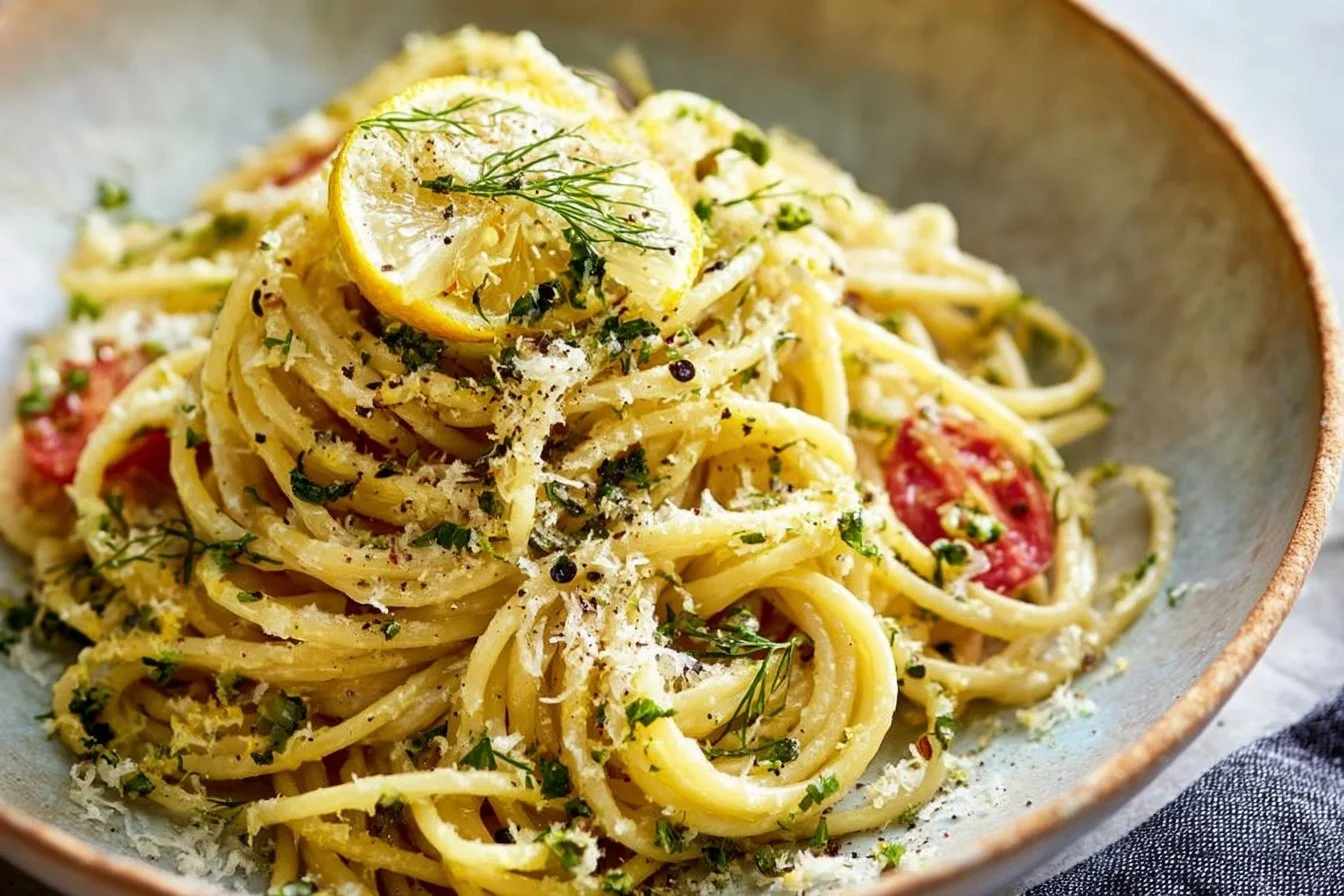 Delicious Lemon Dill Pasta topped with fresh herbs and lemon zest