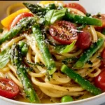 Delicious Lemon Herb Pasta with fresh spring vegetables served on a plate