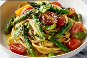 Delicious Lemon Herb Pasta with fresh spring vegetables served on a plate
