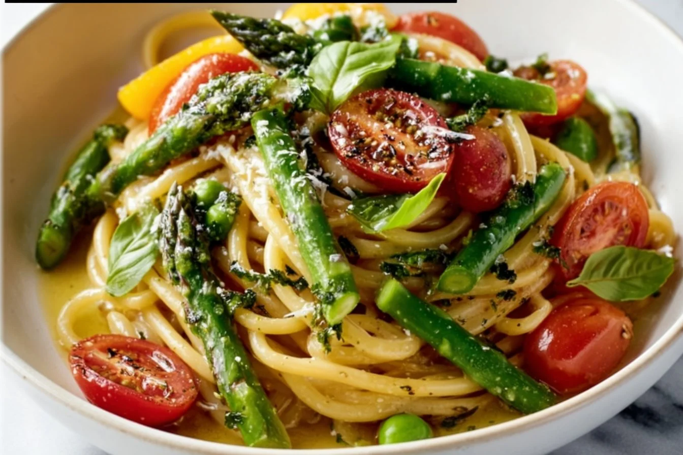 Delicious Lemon Herb Pasta with fresh spring vegetables served on a plate