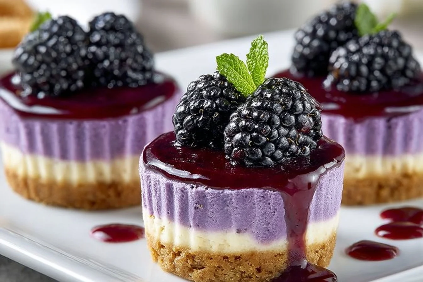 Delicious mini blackberry lavender cheesecakes topped with fresh berries