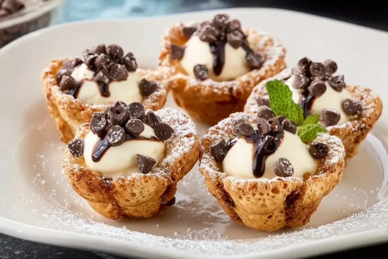 Delicious mini cannoli cups filled with creamy ricotta and topped with chocolate chips