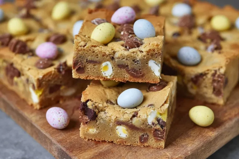 Mini Egg Traybake cookie bars with colorful chocolate eggs