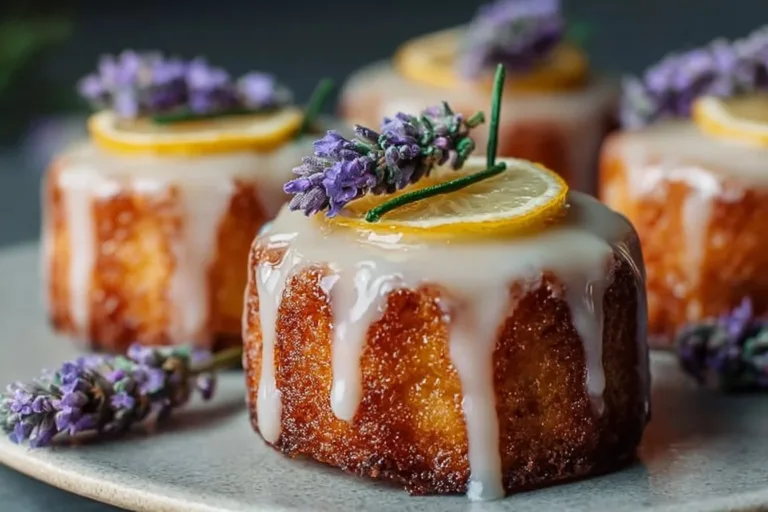 Mini lemon cakes topped with lavender glaze on a decorative plate.