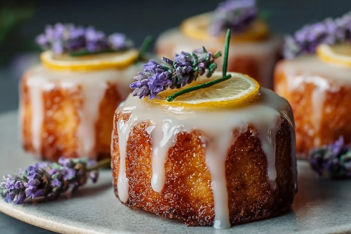 Mini lemon cakes topped with lavender glaze on a decorative plate.