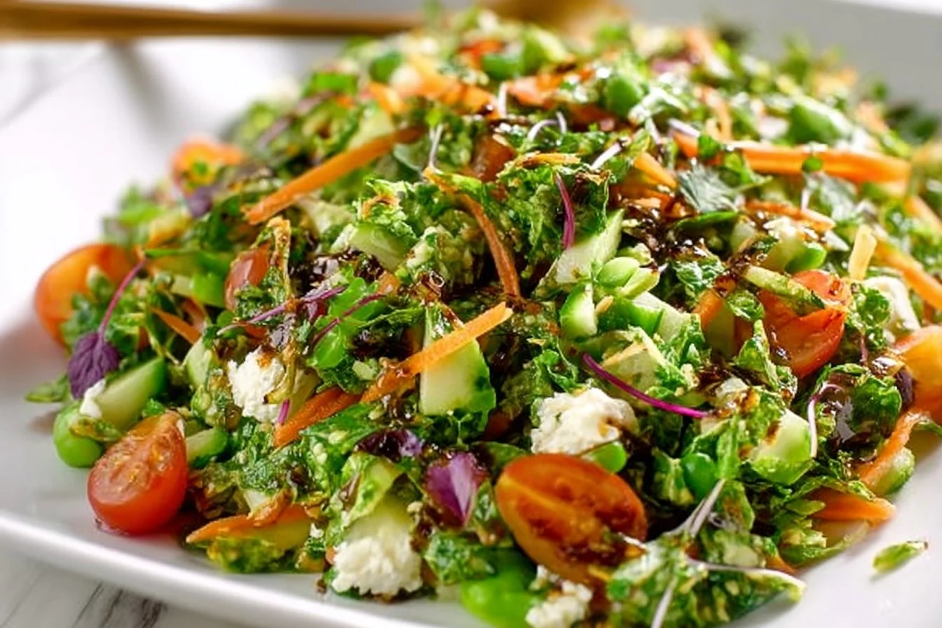 A vibrant detox salad with fresh greens, veggies, and a light dressing