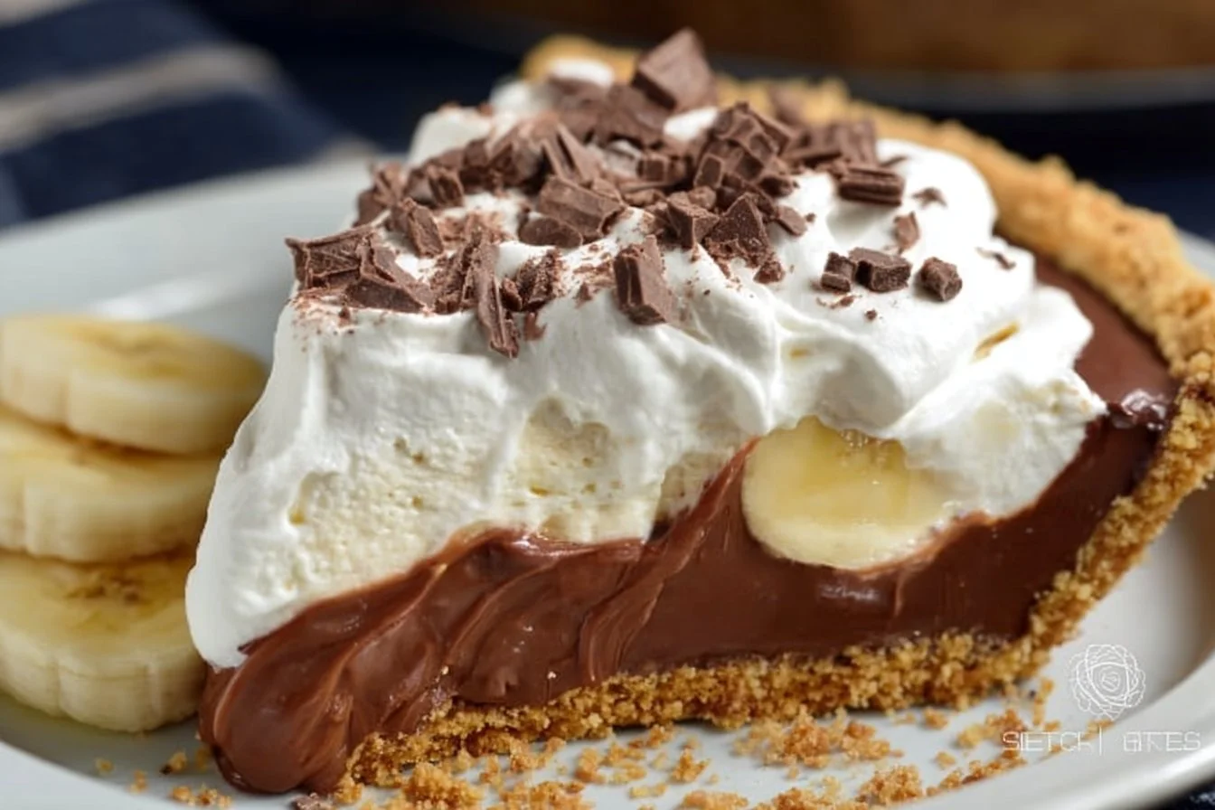 No Bake Chocolate Banana Cream Pie topped with fresh bananas and whipped cream