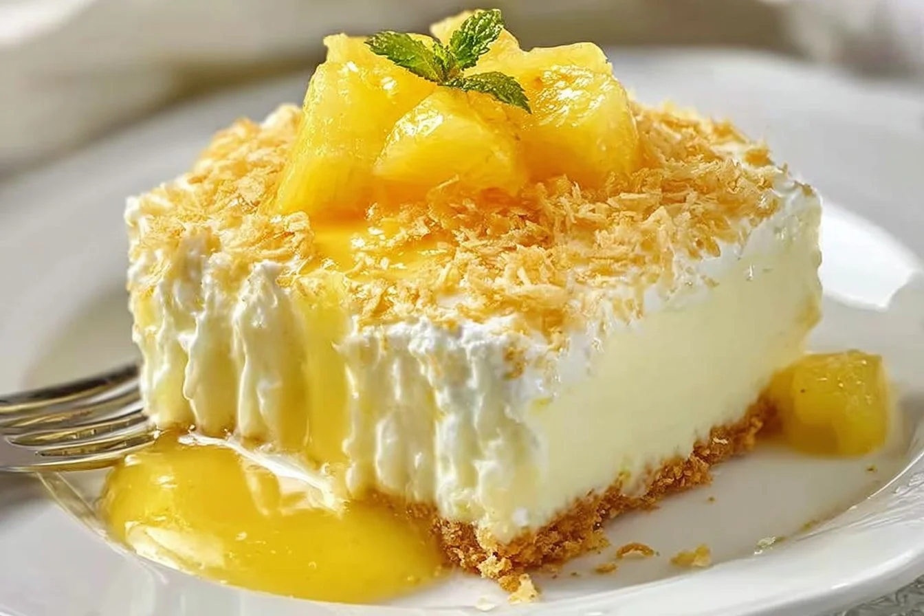 No Bake Pineapple Cream Dessert ready to serve, featuring layers of pineapple and cream.