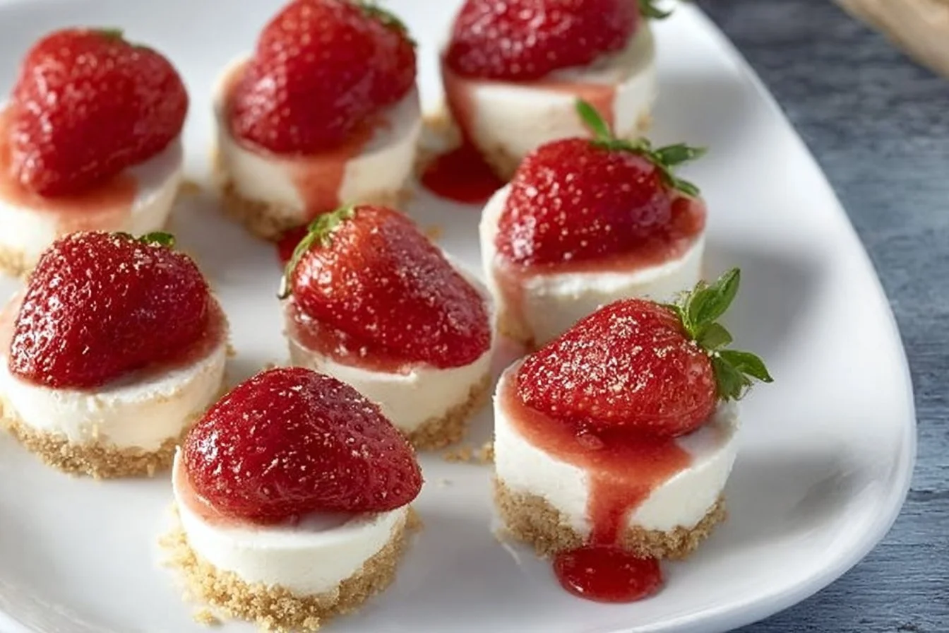 No bake strawberry cheesecake bites topped with fresh strawberries on a plate.
