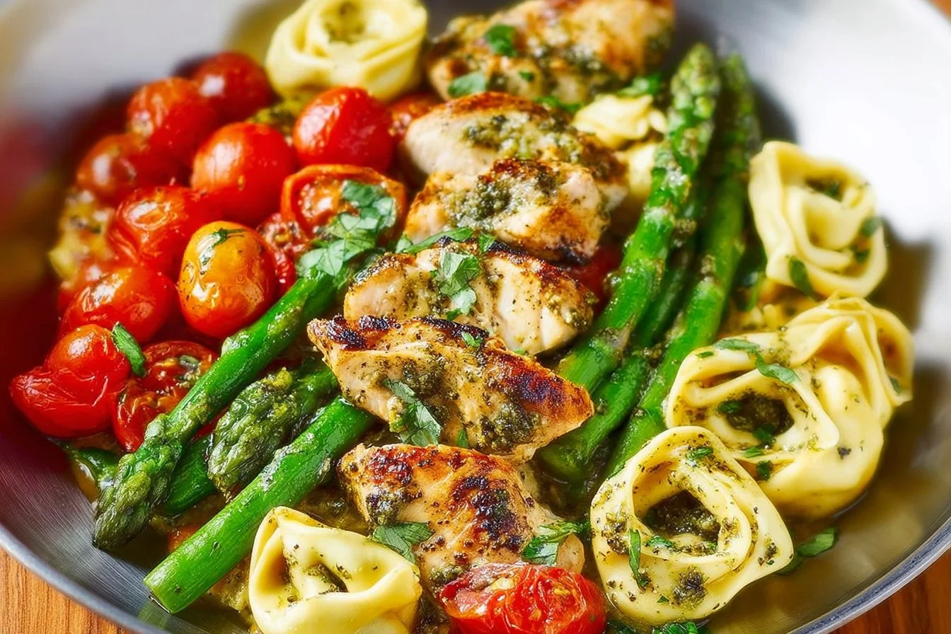 One-Pan Pesto Chicken with tortellini and vegetables