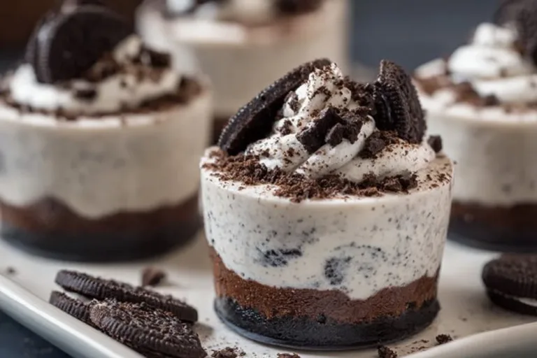 Delicious Oreo no-bake cheesecake cups topped with Oreo cookie crumbles