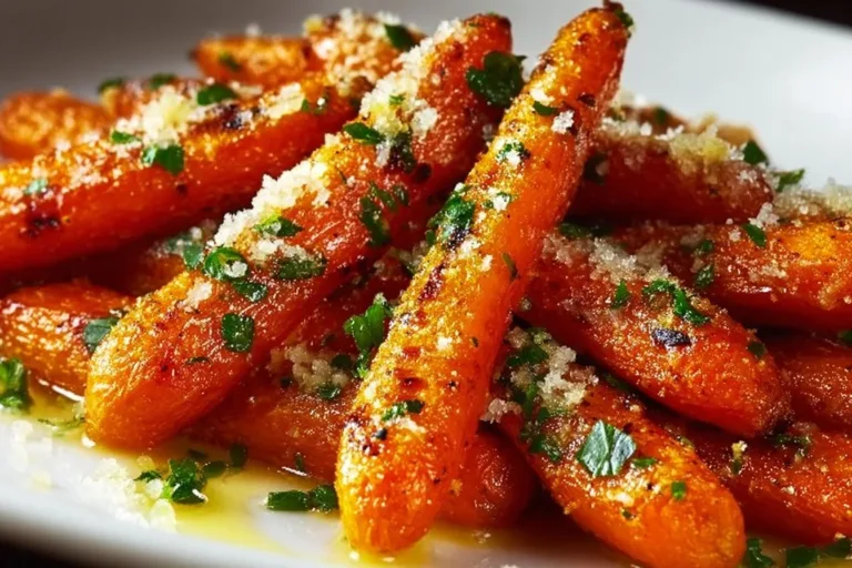 Bowl of Parmesan Garlic Roasted Carrots garnished with parsley.