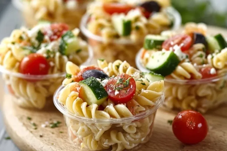 Colorful pasta salad cups filled with fresh vegetables and dressing
