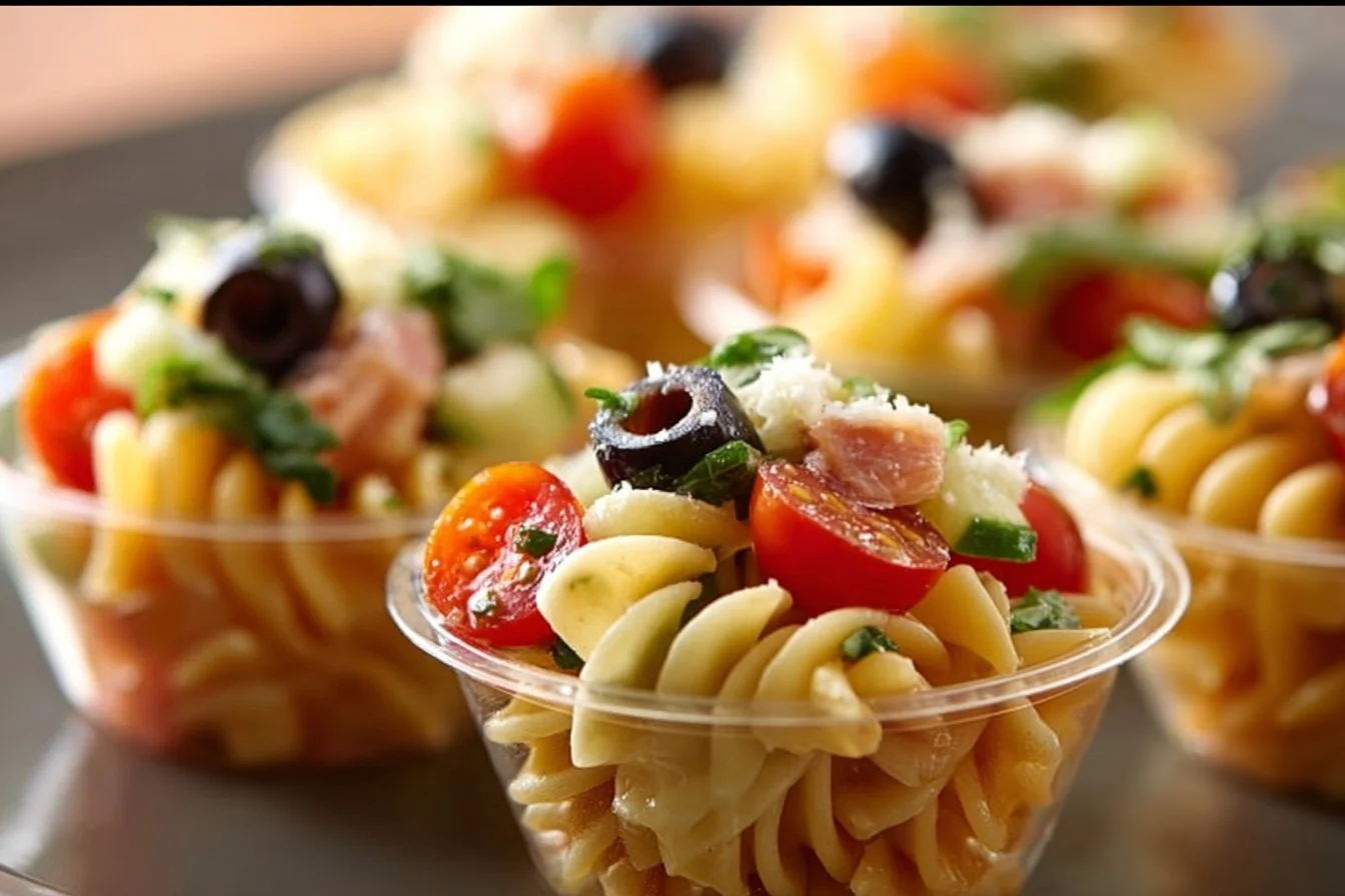 Colorful pasta salad cups with vegetables and dressing served in clear cups