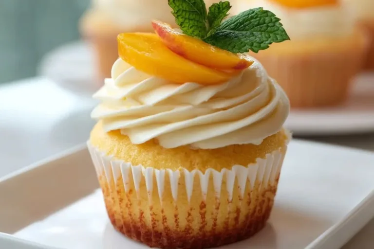 Peach & honey cheesecake cupcakes topped with cream and peach slices