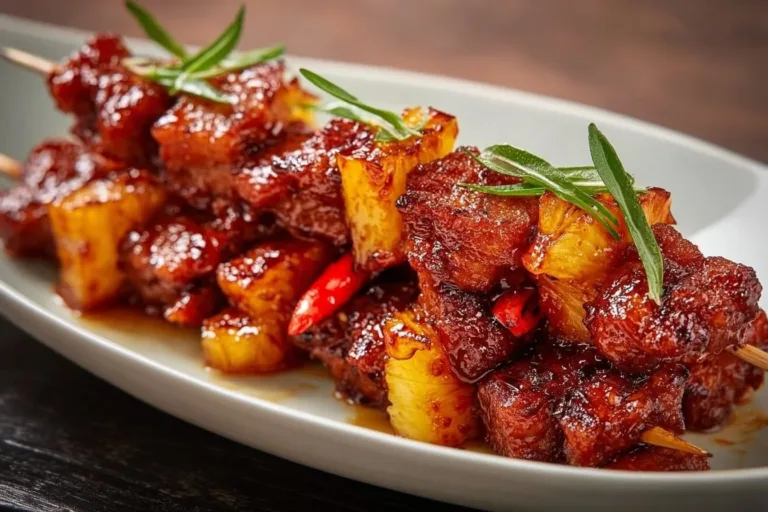 Grilled pineapple BBQ pork skewers ready for serving on a wooden platter.