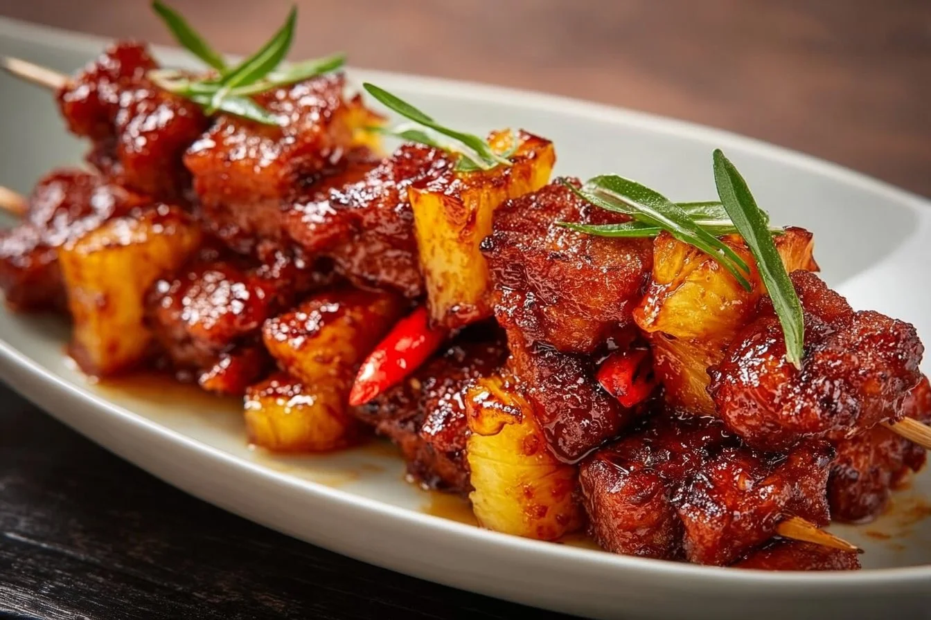 Grilled pineapple BBQ pork skewers ready for serving on a wooden platter.