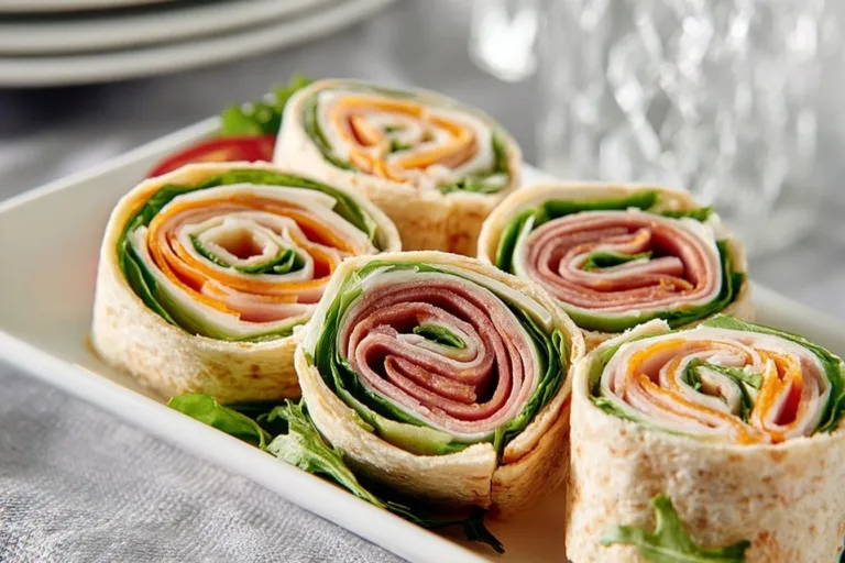 A colorful platter of pinwheel sandwiches ready for serving.