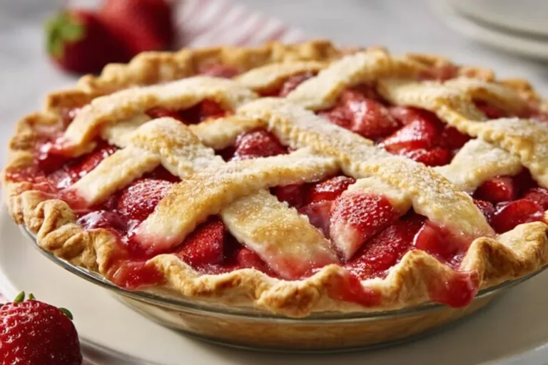 Delicious slice of Pioneer Woman strawberry rhubarb pie with fresh strawberries and rhubarb