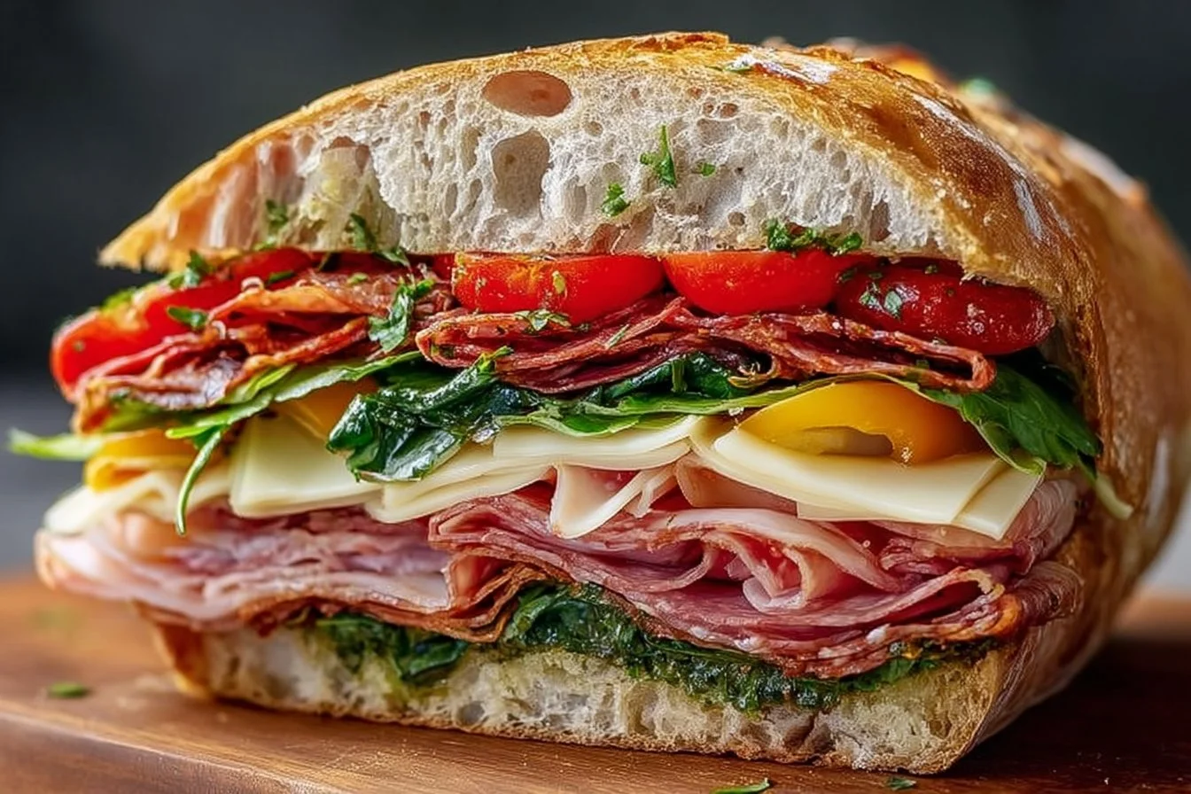 Pressed Italian Picnic Sandwich Loaf filled with Italian meats and cheeses
